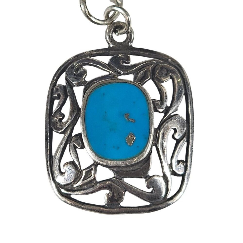 VINTAGE STERLING SILVER BLUE TURQUOISE EARRINGS FINE SCROLL BORDER SQUARE SHAPE - Picture 5 of 5